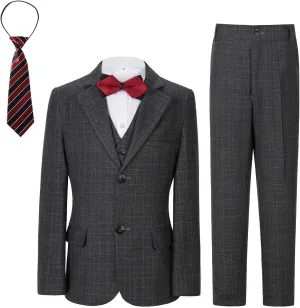 Boys Formal Suit Set Kids Toddler Tuxedo Slim Fit Plaid Suits for Teenage Boys 5-Piece Wedding Party Outfit