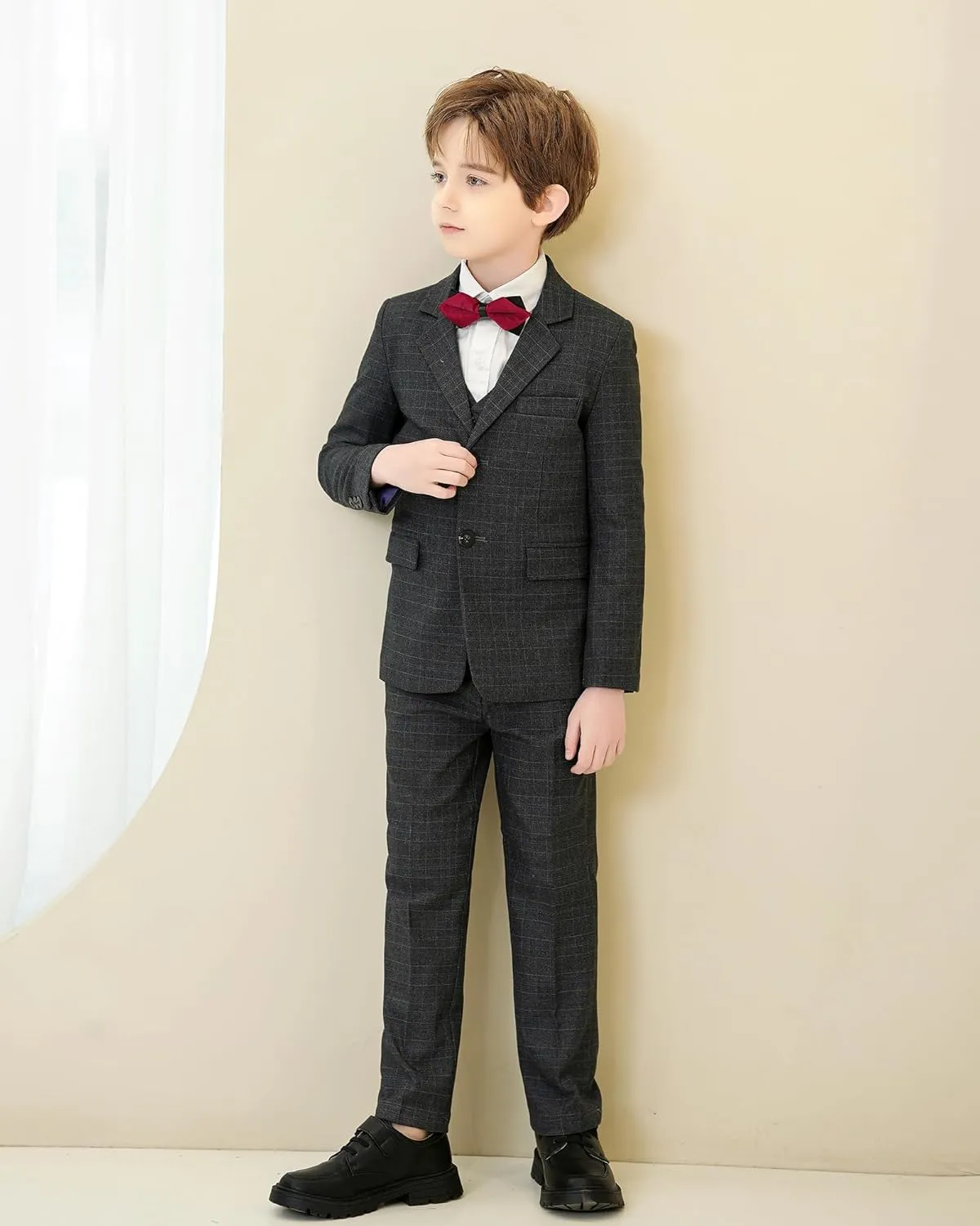 Boys Formal Suit Set Kids Toddler Tuxedo Slim Fit Plaid Suits for Teenage Boys 5-Piece Wedding Party Outfit