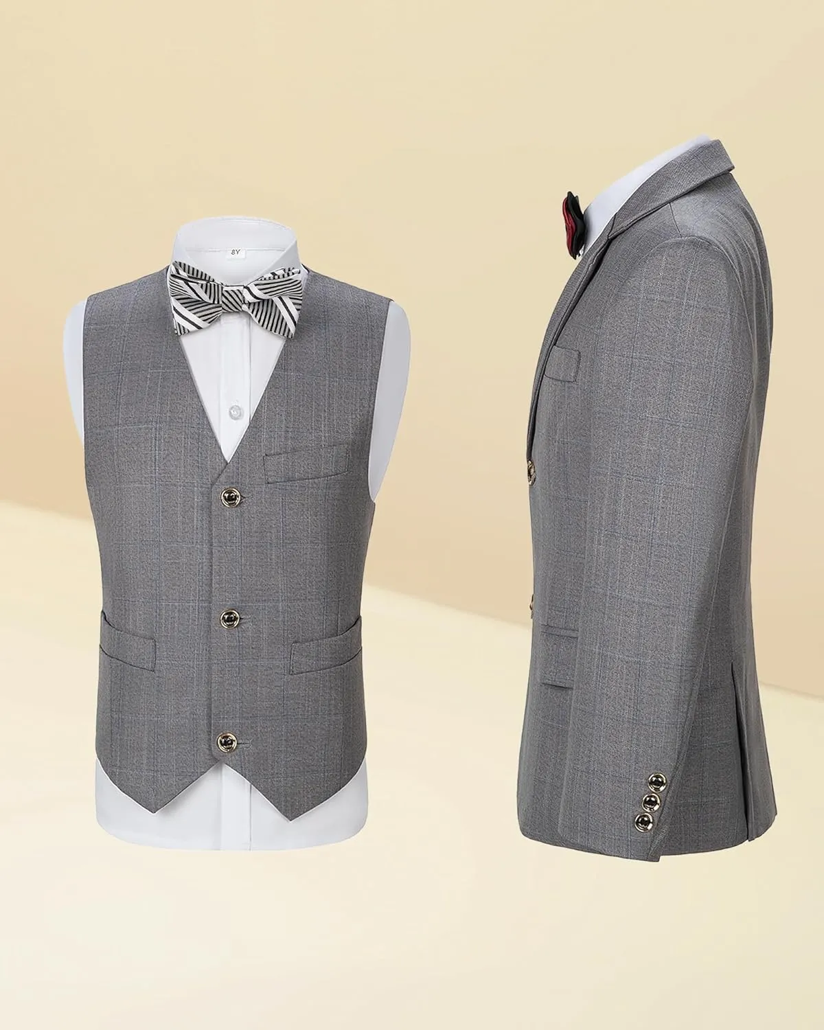 Boys Formal Suit Set Kids Toddler Tuxedo Slim Fit Plaid Suits for Teenage Boys 5-Piece Wedding Party Outfit