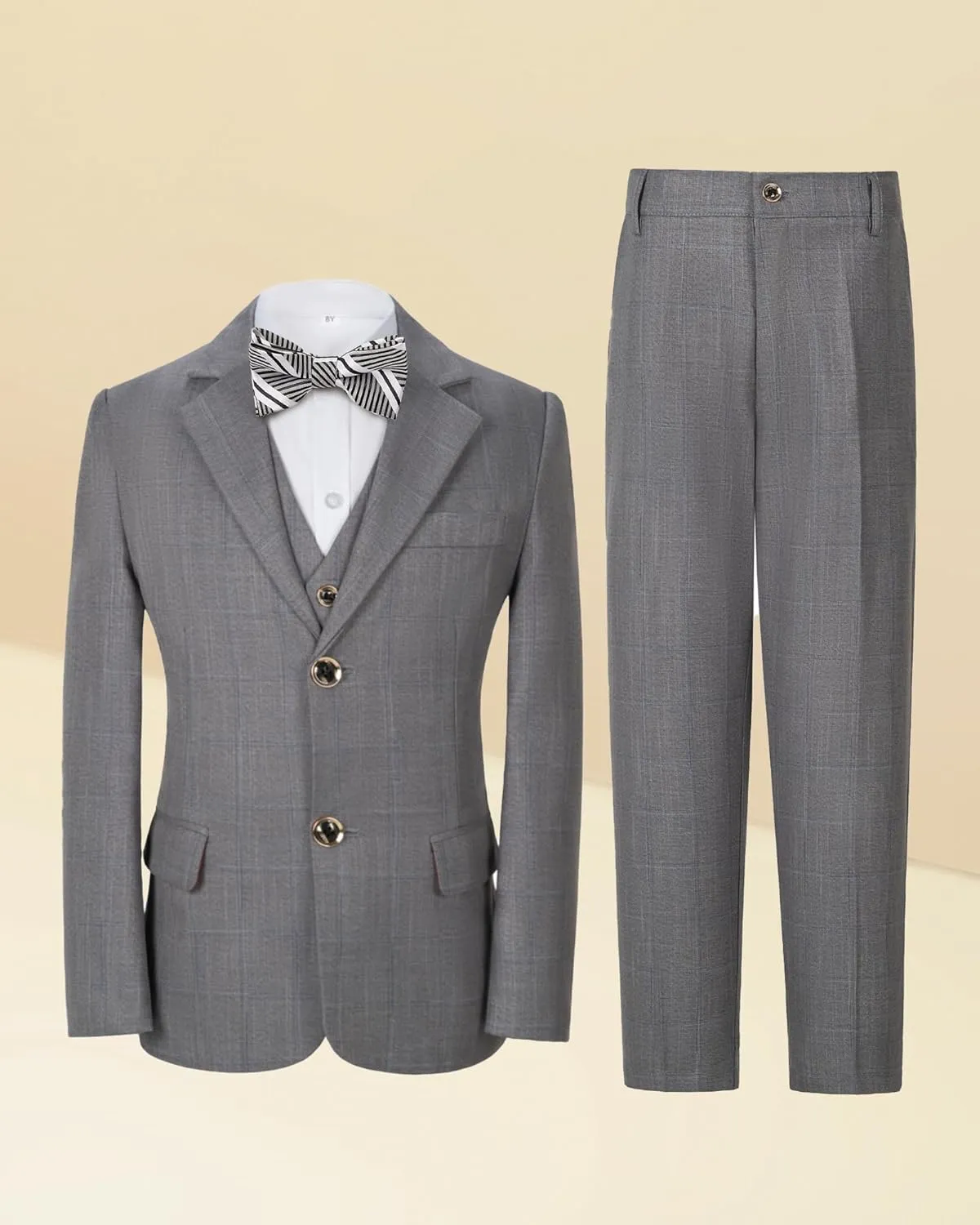 Boys Formal Suit Set Kids Toddler Tuxedo Slim Fit Plaid Suits for Teenage Boys 5-Piece Wedding Party Outfit