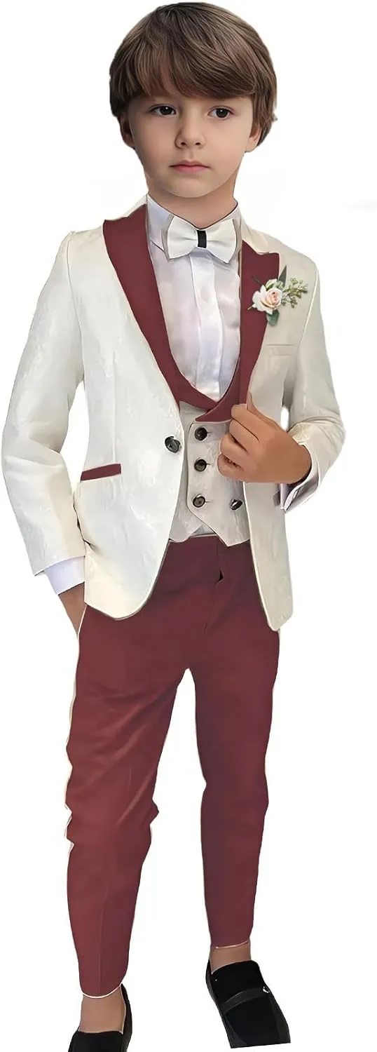 Boys Jacquard 3 Piece Suits Slim Fit Wedding Dinner Blazer Vest Pants Kids Tuxedo Suits for Boys Pageboy Ring Bearer Outfits