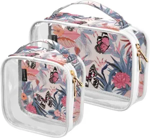 Bright-tropical-pattern 2 Pack Clear Toiletry Bag Women Men, Portable Waterproof Clear Pouch, Cosmetic Bag with Double Zippers Large Opening Traveling with Handle for Bathroom Traveling Vacation Organ