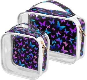 Butterfly-pattern-colorful-butterflies 2 Pack Clear Toiletry Bag Women Men, Portable Waterproof Clear Pouch, Cosmetic Bag with Double Zippers Large Opening Traveling with Handle for Bathroom Traveling