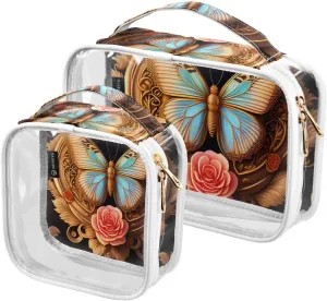 Butterfly-with-rose 2 Pack Clear Toiletry Bag Women Men, Portable Waterproof Clear Pouch, Cosmetic Bag with Double Zippers Large Opening Traveling with Handle for Bathroom Traveling Vacation Organizin