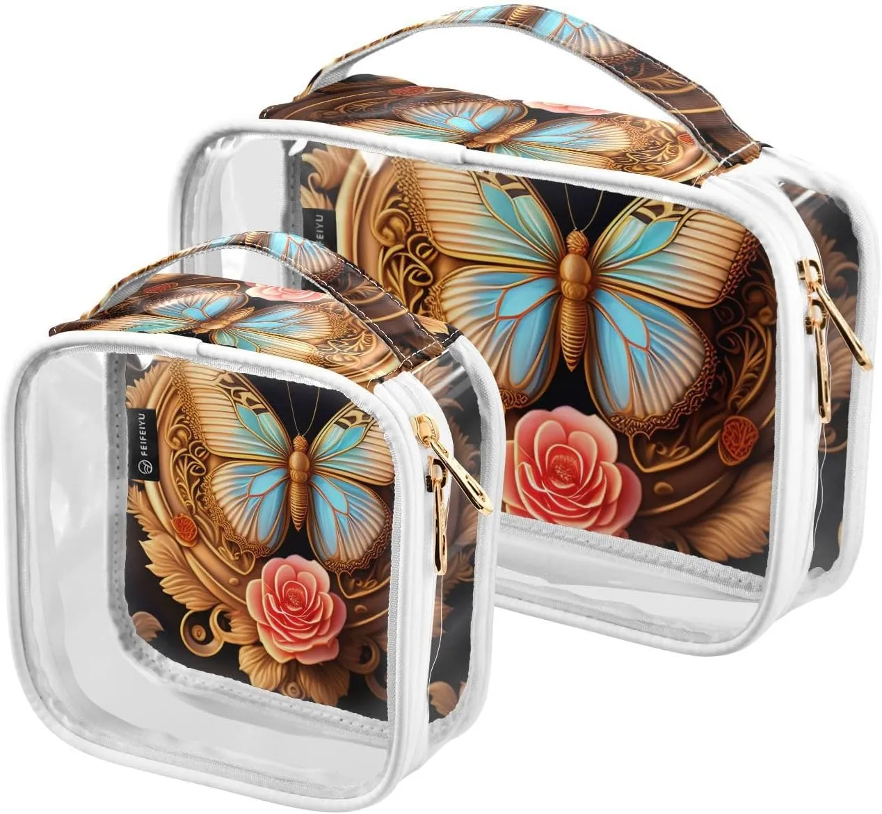 Butterfly-with-rose 2 Pack Clear Toiletry Bag Women Men, Portable Waterproof Clear Pouch, Cosmetic Bag with Double Zippers Large Opening Traveling with Handle for Bathroom Traveling Vacation Organizin