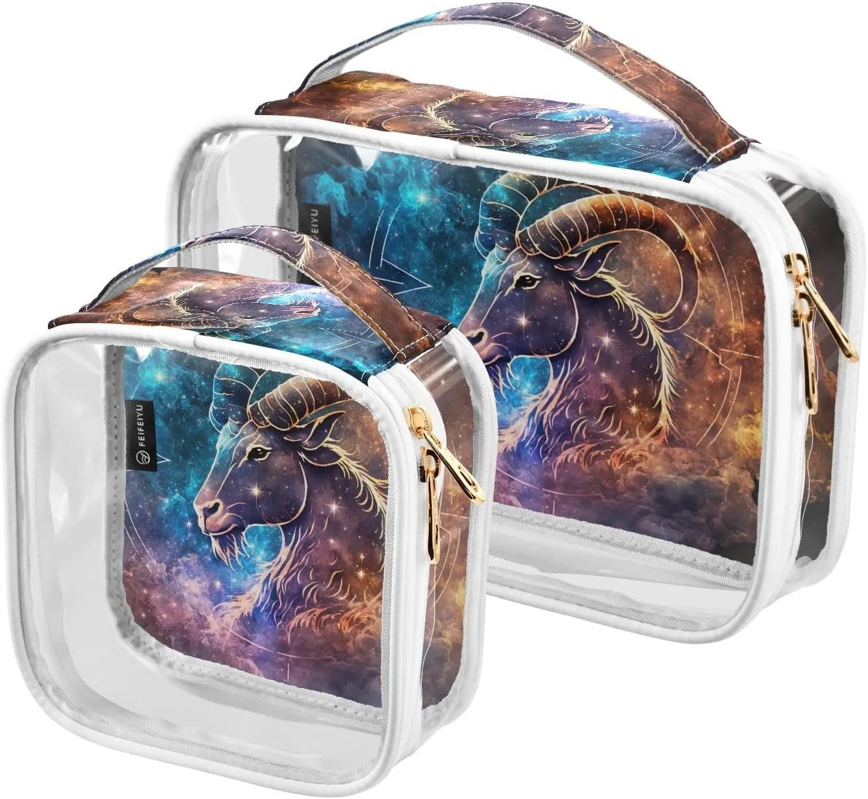 Capricorn-zodiac-texture 2 Pack Clear Toiletry Bag Women Men, Portable Waterproof Clear Pouch, Cosmetic Bag with Double Zippers Large Opening Traveling with Handle for Bathroom Traveling Vacation Orga