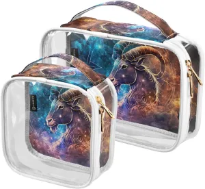 Capricorn-zodiac-texture 2 Pack Clear Toiletry Bag Women Men, Portable Waterproof Clear Pouch, Cosmetic Bag with Double Zippers Large Opening Traveling with Handle for Bathroom Traveling Vacation Orga