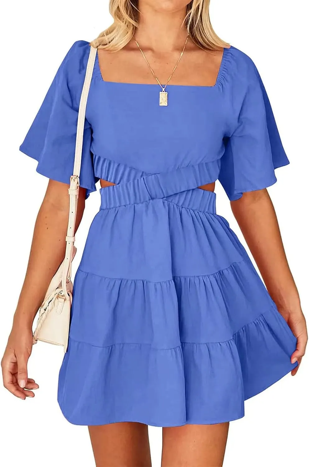 Ceboyel Women Square Neck Short Dress Cutout Tiered Summer Dresses Ruffle Casual Cute Mini Dress Vacation Outfits 2023