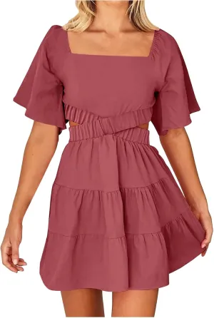 Ceboyel Women Square Neck Short Dress Cutout Tiered Summer Dresses Ruffle Casual Cute Mini Dress Vacation Outfits 2023