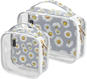 Chamomile-watercolor-pattern 2 Pack Clear Toiletry Bag Women Men, Portable Waterproof Clear Pouch, Cosmetic Bag with Double Zippers Large Opening Traveling with Handle for Bathroom Traveling Vacation