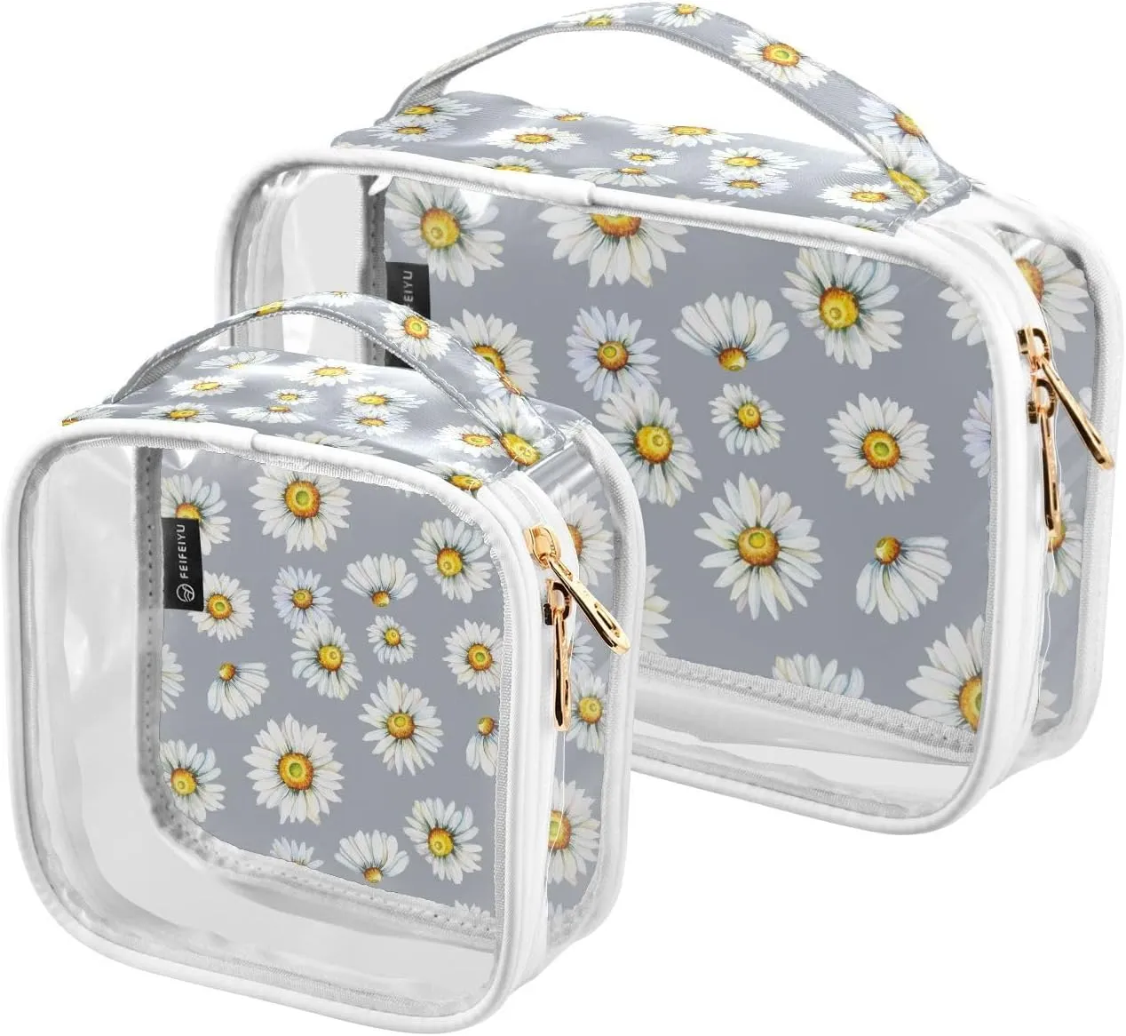 Chamomile-watercolor-pattern 2 Pack Clear Toiletry Bag Women Men, Portable Waterproof Clear Pouch, Cosmetic Bag with Double Zippers Large Opening Traveling with Handle for Bathroom Traveling Vacation