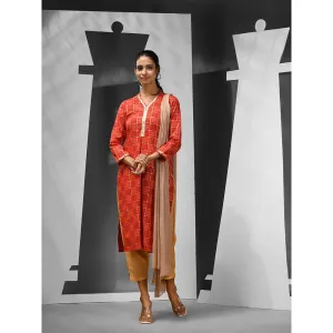 CHARUKRITI Red Cotton Blend Printed Sequins Kurta with Pant & Dupatta (Set of 3)