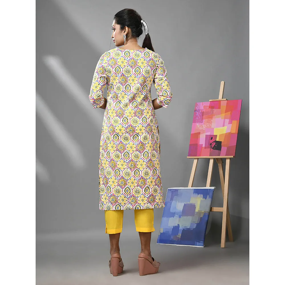 CHARUKRITI White and Yellow Cotton Floral Printed Kurta with Pant (Set of 2)