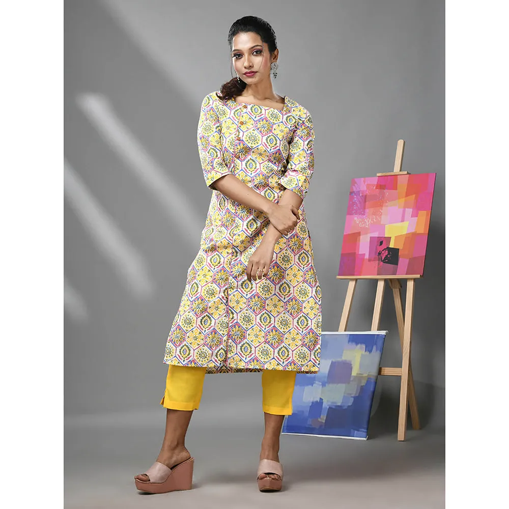 CHARUKRITI White and Yellow Cotton Floral Printed Kurta with Pant (Set of 2)