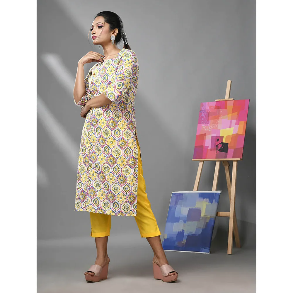 CHARUKRITI White and Yellow Cotton Floral Printed Kurta with Pant (Set of 2)