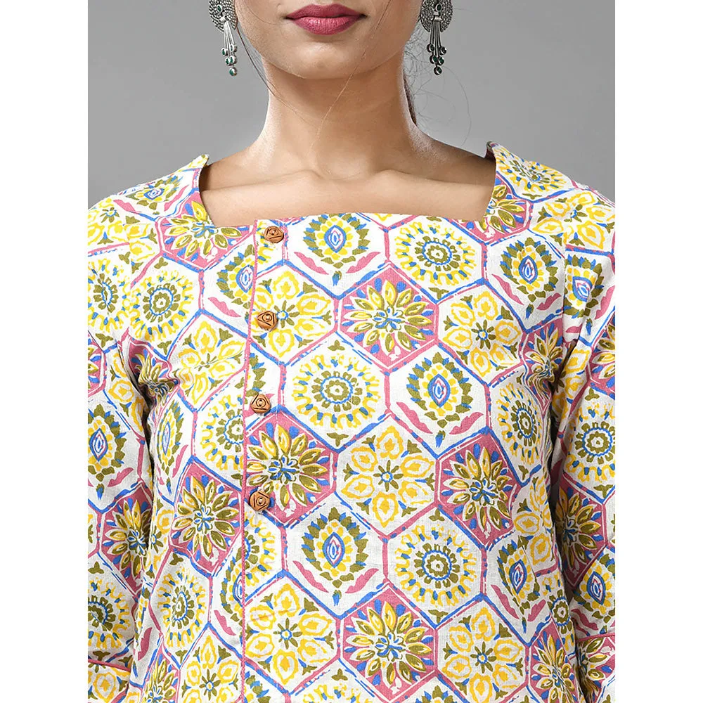 CHARUKRITI White and Yellow Cotton Floral Printed Kurta with Pant (Set of 2)