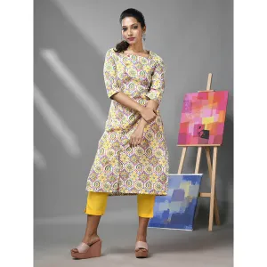CHARUKRITI White and Yellow Cotton Floral Printed Kurta with Pant (Set of 2)