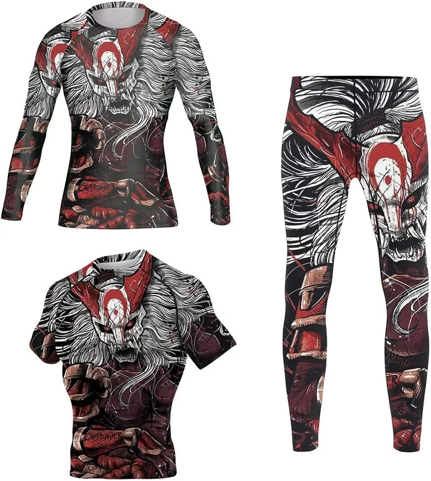 CHOO Men's Mask Samurai Undershirt Long Sleeve Base Layers Pants Leggings Tights Set (Longsleeve/Shortsleeve   Spats), Small