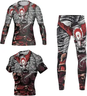 CHOO Men's Mask Samurai Undershirt Long Sleeve Base Layers Pants Leggings Tights Set (Longsleeve/Shortsleeve   Spats), Small