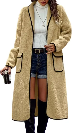 chouyatou Women's Winter Casual Sherpa Midi Long Coat Fuzzy Faux Fur Fleece Dressy Jacket Trench Coat