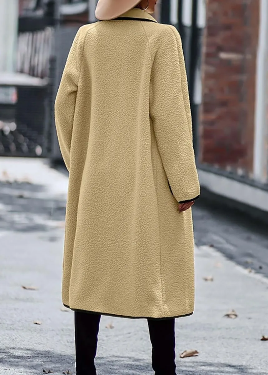 chouyatou Women's Winter Casual Sherpa Midi Long Coat Fuzzy Faux Fur Fleece Dressy Jacket Trench Coat
