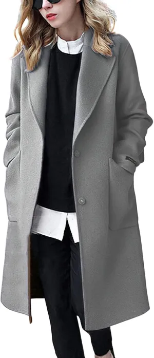 chouyatou Women's Winter Casual Single Breasted Long Wool Coat Formal Office Wool Overcoat