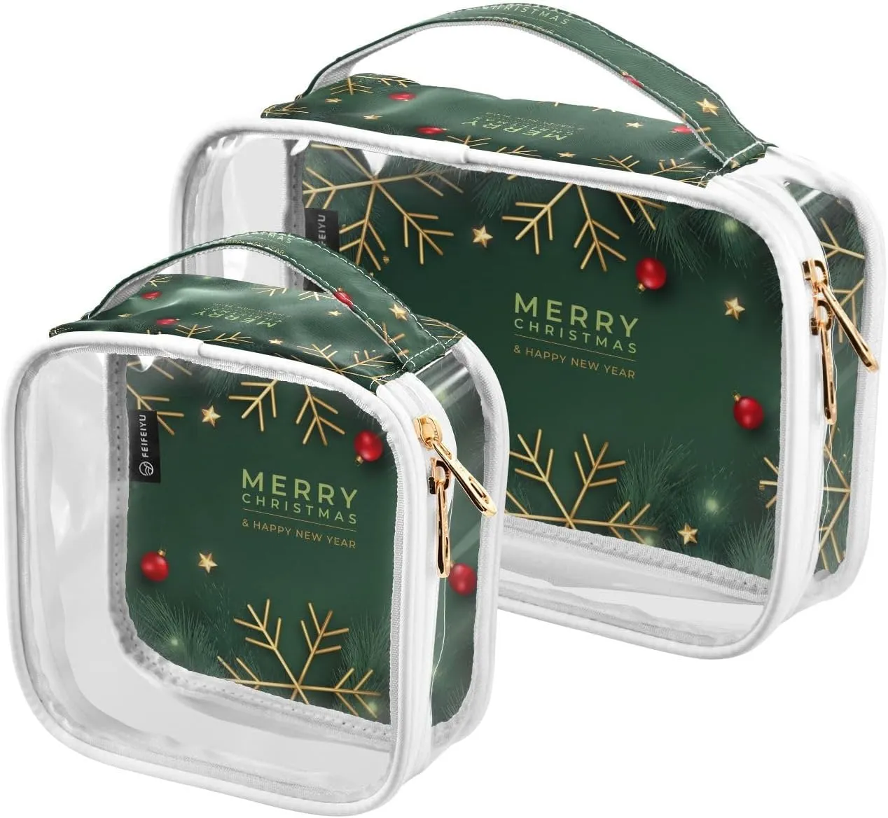 Christmas-print 2 Pack Clear Toiletry Bag Women Men, Portable Waterproof Clear Pouch, Cosmetic Bag with Double Zippers Large Opening Traveling with Handle for Bathroom Traveling Vacation Organizing