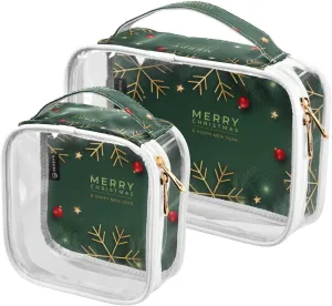 Christmas-print 2 Pack Clear Toiletry Bag Women Men, Portable Waterproof Clear Pouch, Cosmetic Bag with Double Zippers Large Opening Traveling with Handle for Bathroom Traveling Vacation Organizing