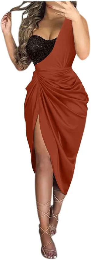 Cocktail Dresses for Women,2025 Elegant Bodycon One/Off Shoulder Wedding Guest Dress Ruched Slit Hem Party Dress