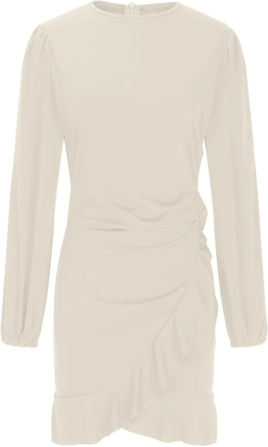 Cocktail Party Work Dress for Women Puff Long Sleeve Bodycon Dresses Ruffle Hem Crew Neck Solid Slim Mini Pencil Dress