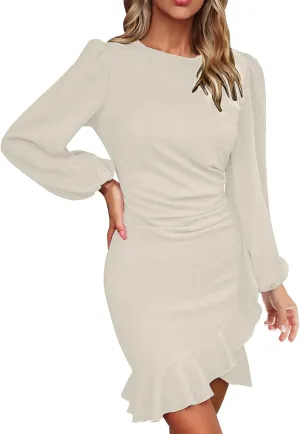 Cocktail Party Work Dress for Women Puff Long Sleeve Bodycon Dresses Ruffle Hem Crew Neck Solid Slim Mini Pencil Dress