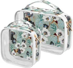 Color Floral-pattern 2 Pack Clear Toiletry Bag Women Men, Portable Waterproof Clear Pouch, Cosmetic Bag with Double Zippers Large Opening Traveling with Handle for Bathroom Traveling Vacation Organizi