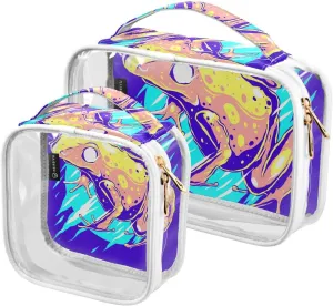 Colorful-abstract-frog 2 Pack Clear Toiletry Bag Women Men, Portable Waterproof Clear Pouch, Cosmetic Bag with Double Zippers Large Opening Traveling with Handle for Bathroom Traveling Vacation Organi