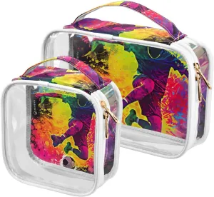 Colorful-abstract-soccer Print 2 Pack Clear Toiletry Bag Women Men, Portable Waterproof Clear Pouch, Cosmetic Bag with Double Zippers Large Opening Traveling with Handle for Bathroom Traveling Vacatio