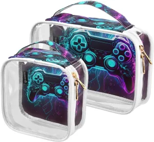 Colorful Game Controller Pattern 2 Pack Clear Toiletry Bag Women Men, Portable Waterproof Clear Pouch, Cosmetic Bag with Double Zippers Large Opening Traveling with Handle for Bathroom Traveling Vacat