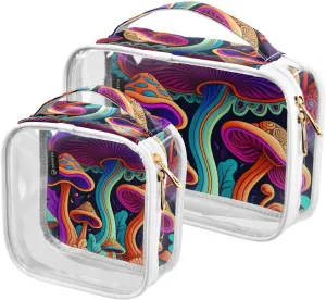 Colorful Mushrooms Pattern 2 Pack Clear Toiletry Bag Women Men, Portable Waterproof Clear Pouch, Cosmetic Bag with Double Zippers Large Opening Traveling with Handle for Bathroom Traveling Vacation Or