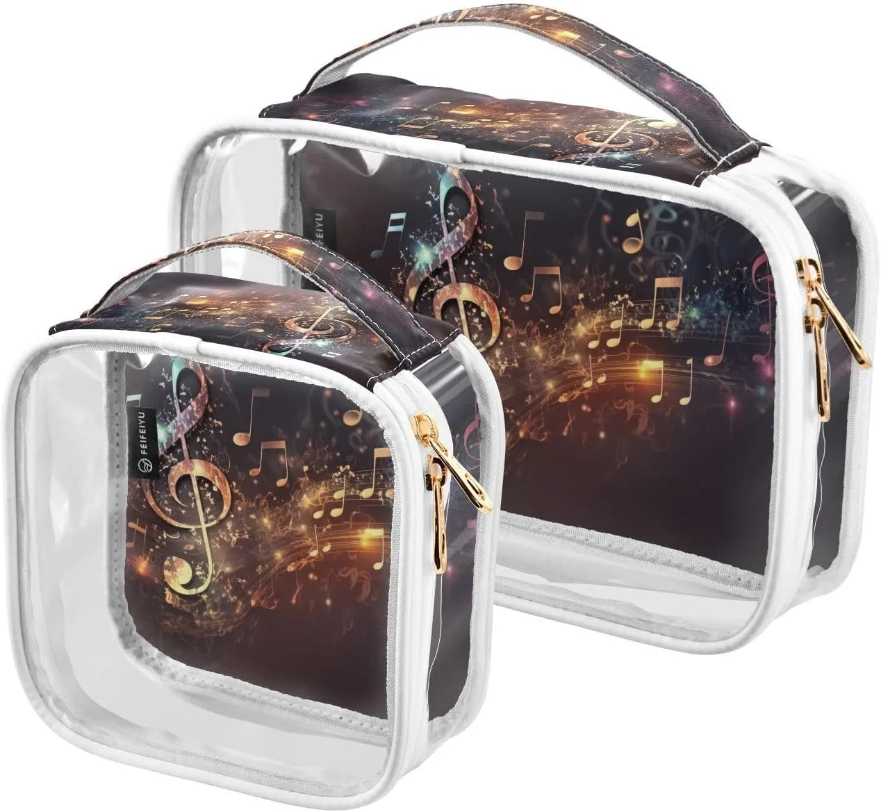 Colorful-music-notes Print 2 Pack Clear Toiletry Bag Women Men, Portable Waterproof Clear Pouch, Cosmetic Bag with Double Zippers Large Opening Traveling with Handle for Bathroom Traveling Vacation Or