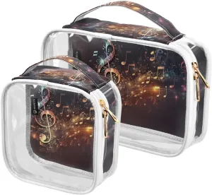 Colorful-music-notes Print 2 Pack Clear Toiletry Bag Women Men, Portable Waterproof Clear Pouch, Cosmetic Bag with Double Zippers Large Opening Traveling with Handle for Bathroom Traveling Vacation Or