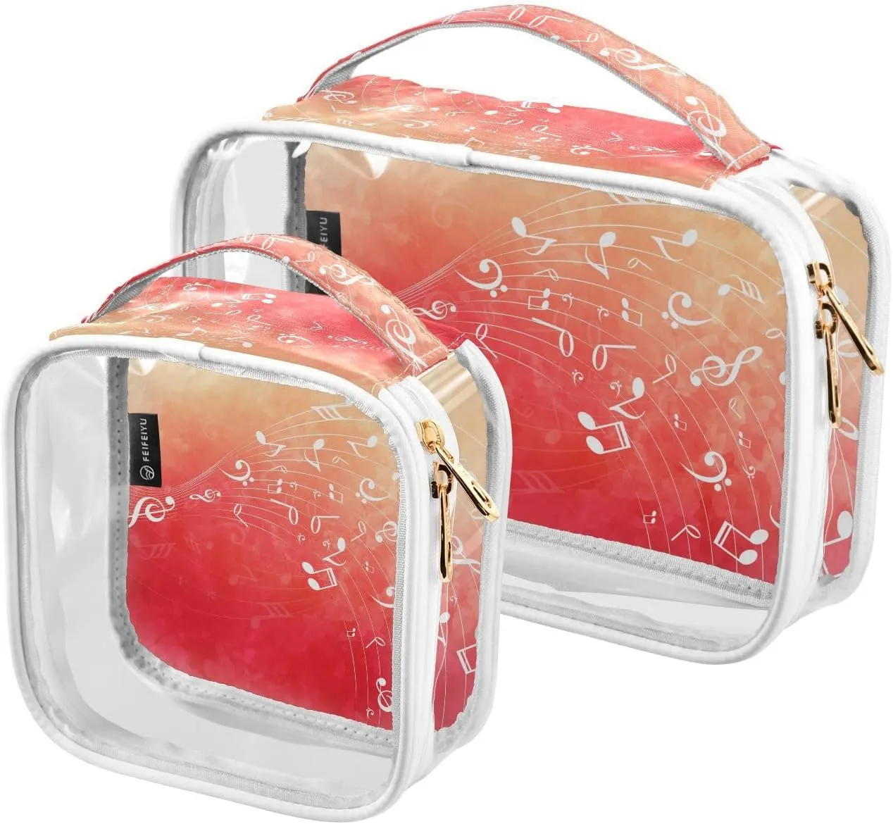 Colorful-music Print 2 Pack Clear Toiletry Bag Women Men, Portable Waterproof Clear Pouch, Cosmetic Bag with Double Zippers Large Opening Traveling with Handle for Bathroom Traveling Vacation Organizi