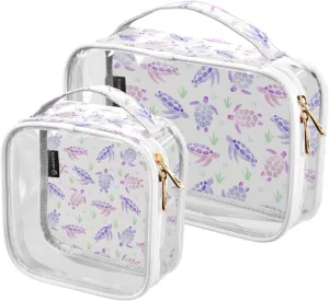 Colorful-sea-turtle-watercolor 2 Pack Clear Toiletry Bag Women Men, Portable Waterproof Clear Pouch, Cosmetic Bag with Double Zippers Large Opening Traveling with Handle for Bathroom Traveling Vacatio