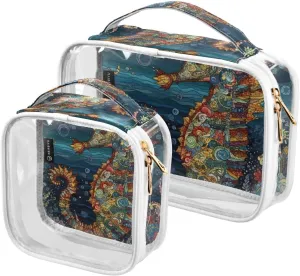 Colorful-seahorse-print 2 Pack Clear Toiletry Bag Women Men, Portable Waterproof Clear Pouch, Cosmetic Bag with Double Zippers Large Opening Traveling with Handle for Bathroom Traveling Vacation Organ