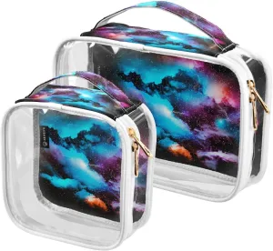 Colorful-universe-textured 2 Pack Clear Toiletry Bag Women Men, Portable Waterproof Clear Pouch, Cosmetic Bag with Double Zippers Large Opening Traveling with Handle for Bathroom Traveling Vacation Or