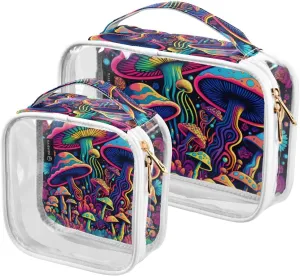 Colors Mushrooms 2 Pack Clear Toiletry Bag Women Men, Portable Waterproof Clear Pouch, Cosmetic Bag with Double Zippers Large Opening Traveling with Handle for Bathroom Traveling Vacation Organizing