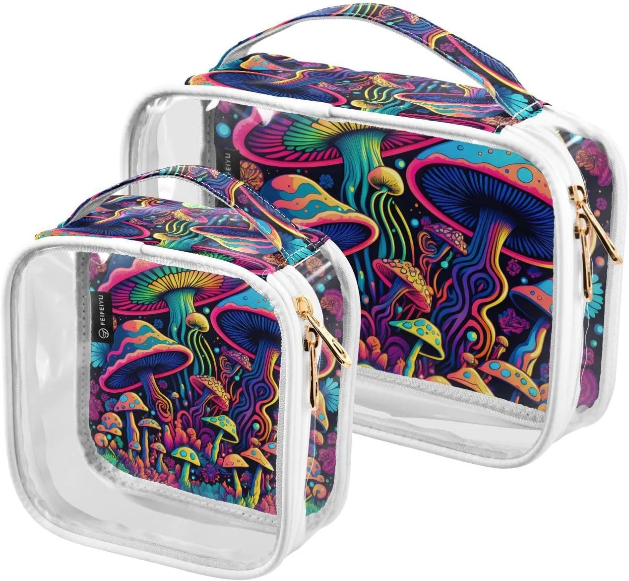 Colors Mushrooms 2 Pack Clear Toiletry Bag Women Men, Portable Waterproof Clear Pouch, Cosmetic Bag with Double Zippers Large Opening Traveling with Handle for Bathroom Traveling Vacation Organizing