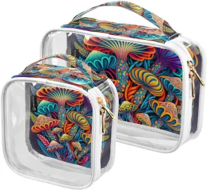 Colors Mushrooms Print 2 Pack Clear Toiletry Bag Women Men, Portable Waterproof Clear Pouch, Cosmetic Bag with Double Zippers Large Opening Traveling with Handle for Bathroom Traveling Vacation Organi