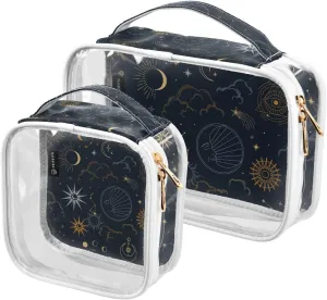 Constellations-sun-moon Print 2 Pack Clear Toiletry Bag Women Men, Portable Waterproof Clear Pouch, Cosmetic Bag with Double Zippers Large Opening Traveling with Handle for Bathroom Traveling Vacation