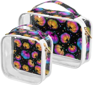 Cool-multicolored-pumpkins 2 Pack Clear Toiletry Bag Women Men, Portable Waterproof Clear Pouch, Cosmetic Bag with Double Zippers Large Opening Traveling with Handle for Bathroom Traveling Vacation Or