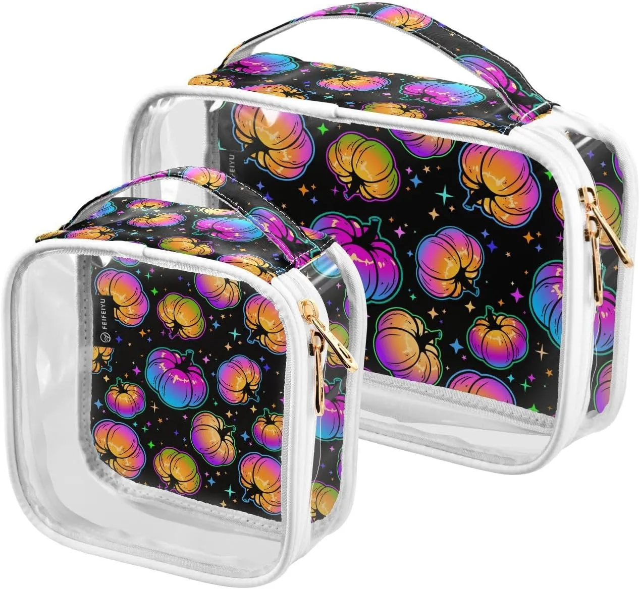 Cool-multicolored-pumpkins 2 Pack Clear Toiletry Bag Women Men, Portable Waterproof Clear Pouch, Cosmetic Bag with Double Zippers Large Opening Traveling with Handle for Bathroom Traveling Vacation Or