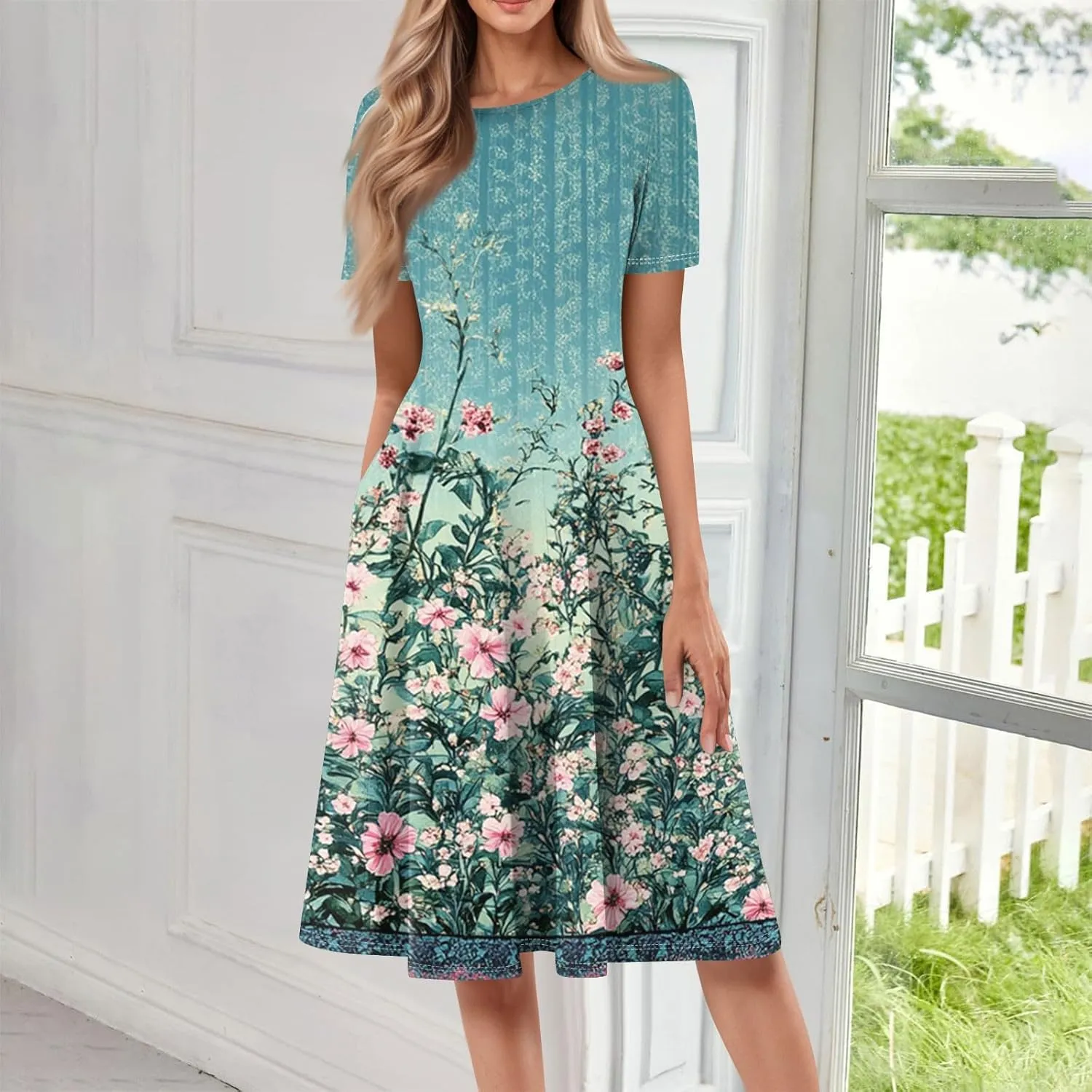 COTECRAM Summer Dress for Women 2025 Vacation Casual Short Sleeve Floral Boho Dresses Beach Flowy Midi Sundress with Pockets