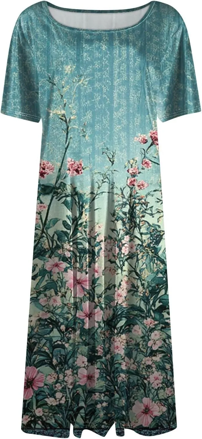 COTECRAM Summer Dress for Women 2025 Vacation Casual Short Sleeve Floral Boho Dresses Beach Flowy Midi Sundress with Pockets